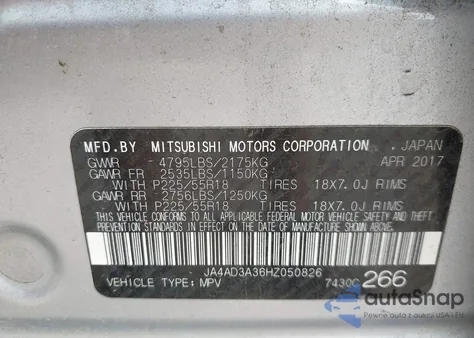 2017 Mitsubishi Outlander Se/Sel from USA, damaged, VIN JA4AD3A36HZ050826